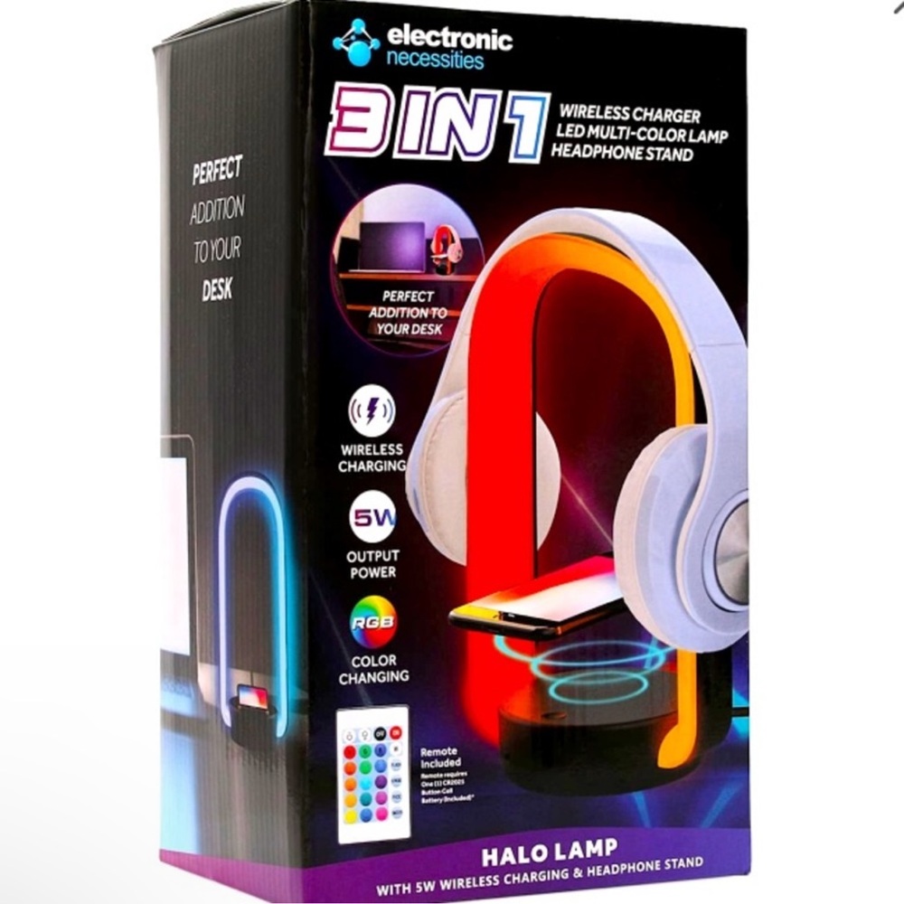 NIB-3-In-1 Color-Changing LED Halo Lamp With Wireless Charger & Headphon…